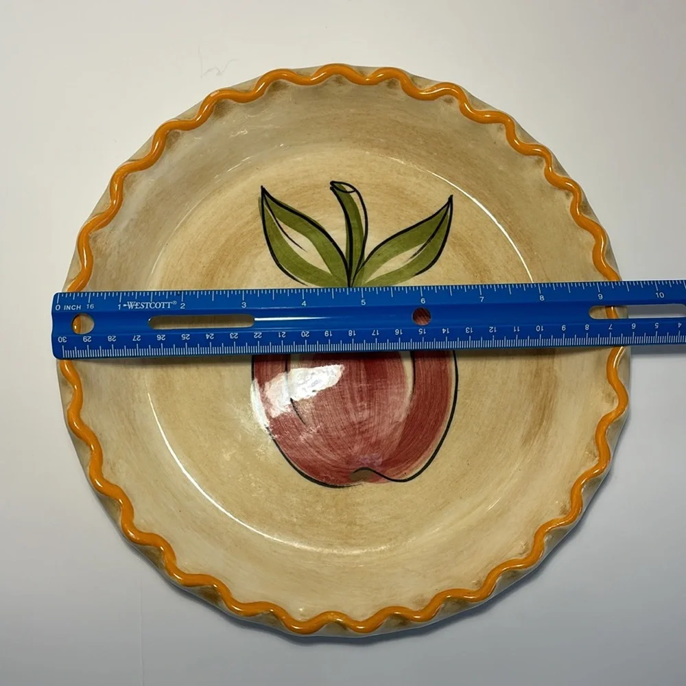 Los Angeles Potteries Ovenware Apple Pie Dish 9” Cream Tan Yellow Trim VTG 1971